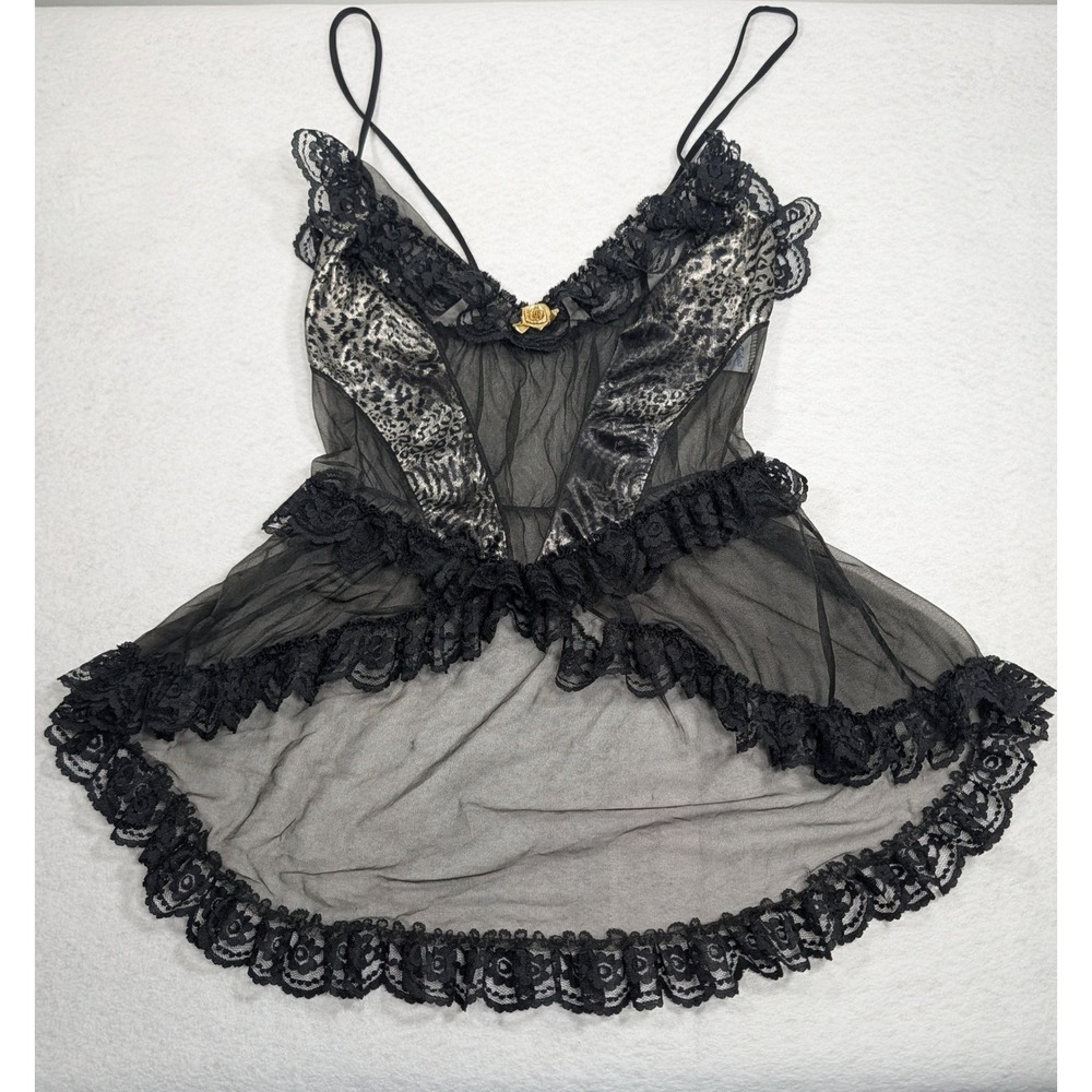 Vintage Jill Andrea New York Sheer Black Lace Babydoll Top Leopard Whimsygoth M